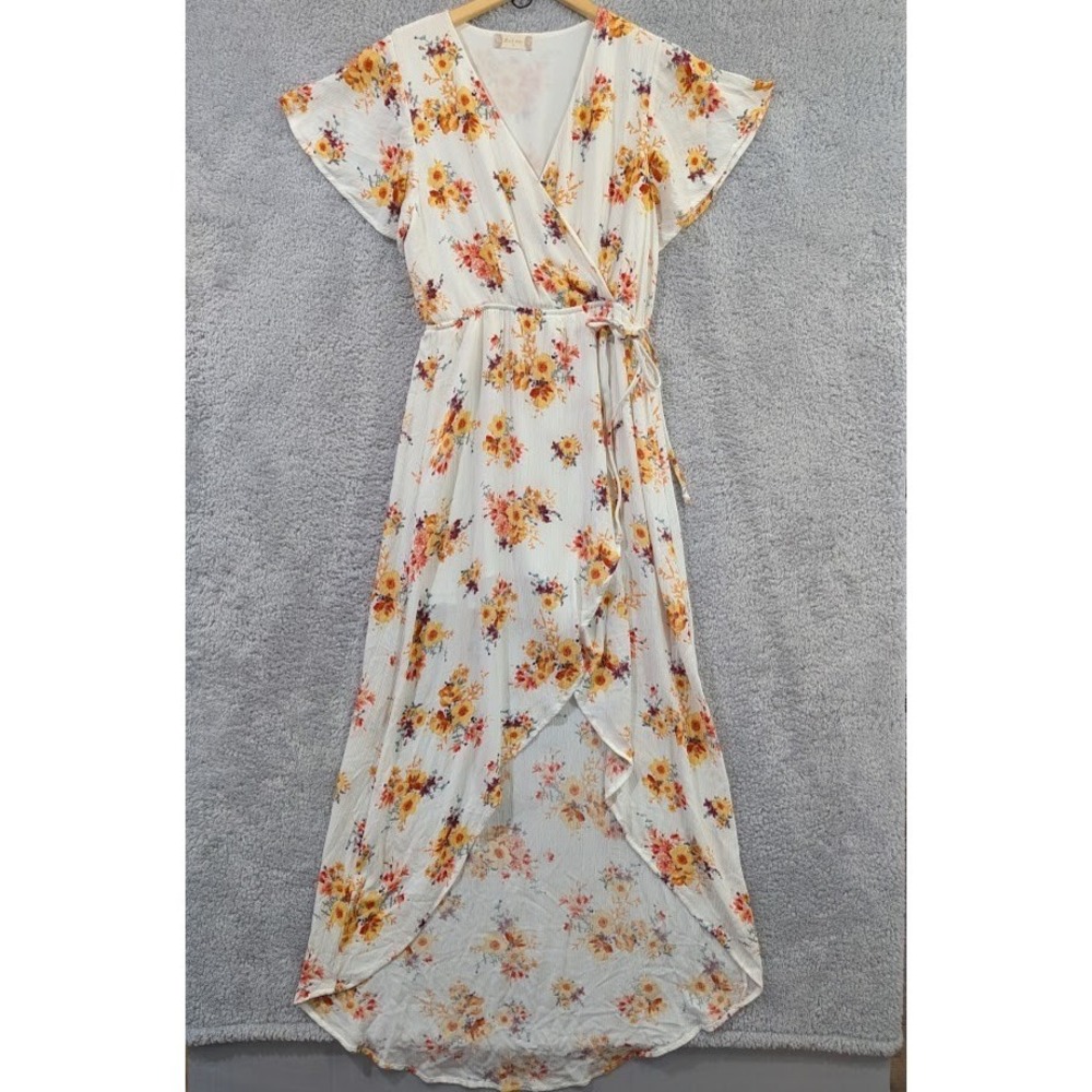 Altar'd State Aliza Floral Wrap Maxi Dress Medium Cream Orange High‎ Low Flutter